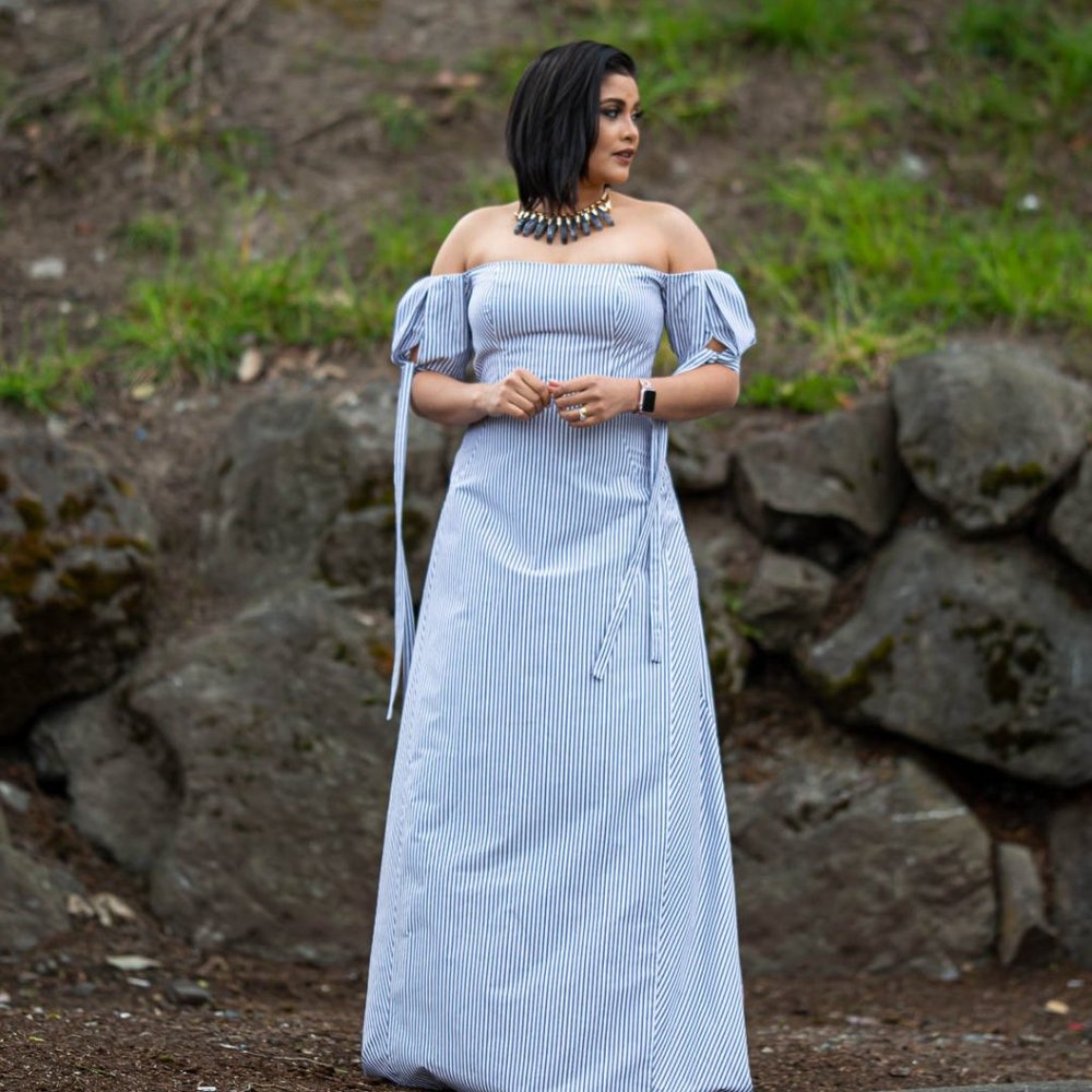 Full-length, Blue and white striped Dress